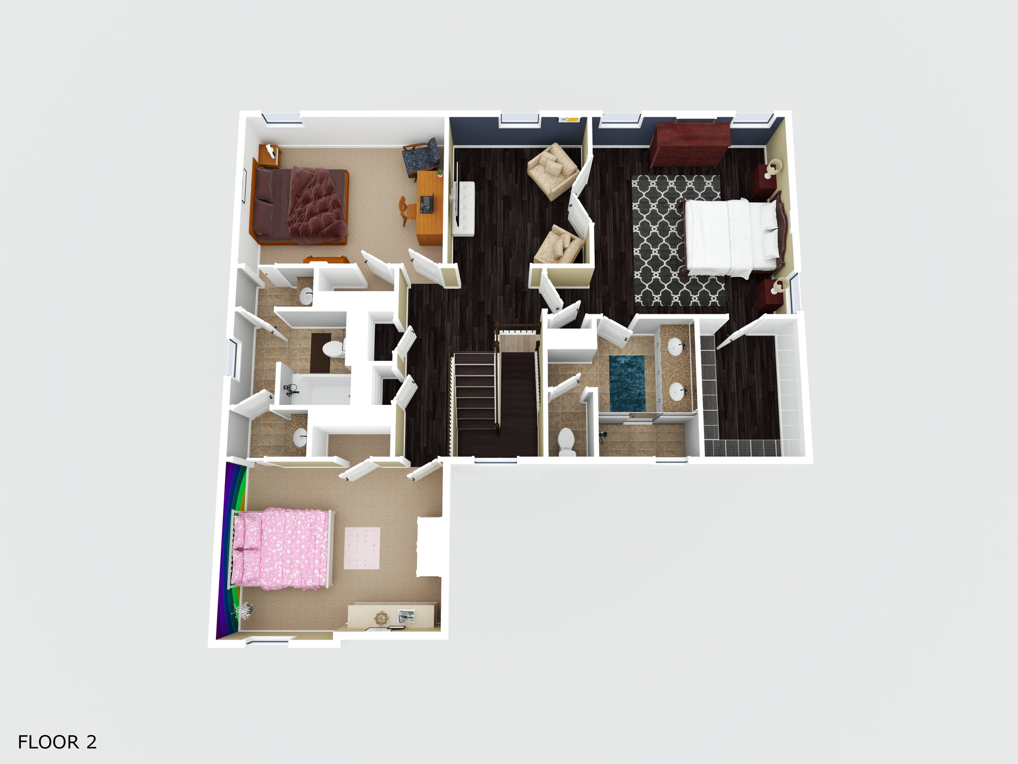 colored three dimensional floorplan second floor